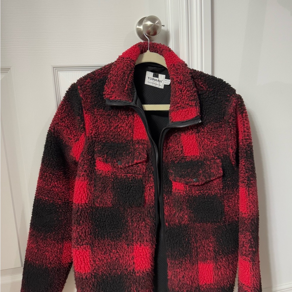 Topman Red and Black Plaid Sherpa Jacket